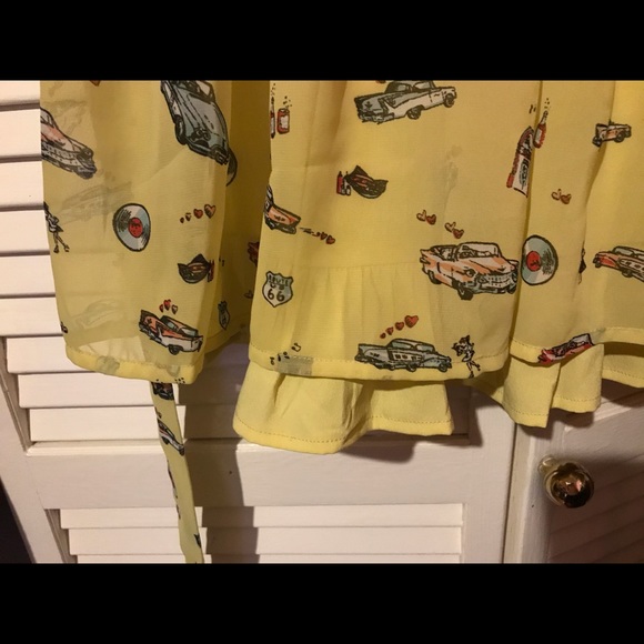 Retro Mod car print UK dress in lemon yellow - Picture 5 of 9